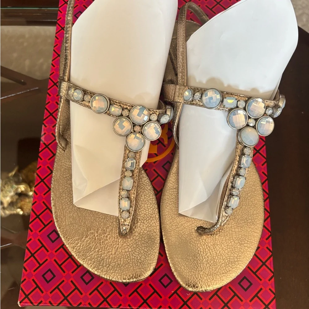 Tory Burch Elegant Gold leather Sandals with Gem Accents - Picture 1 of 8